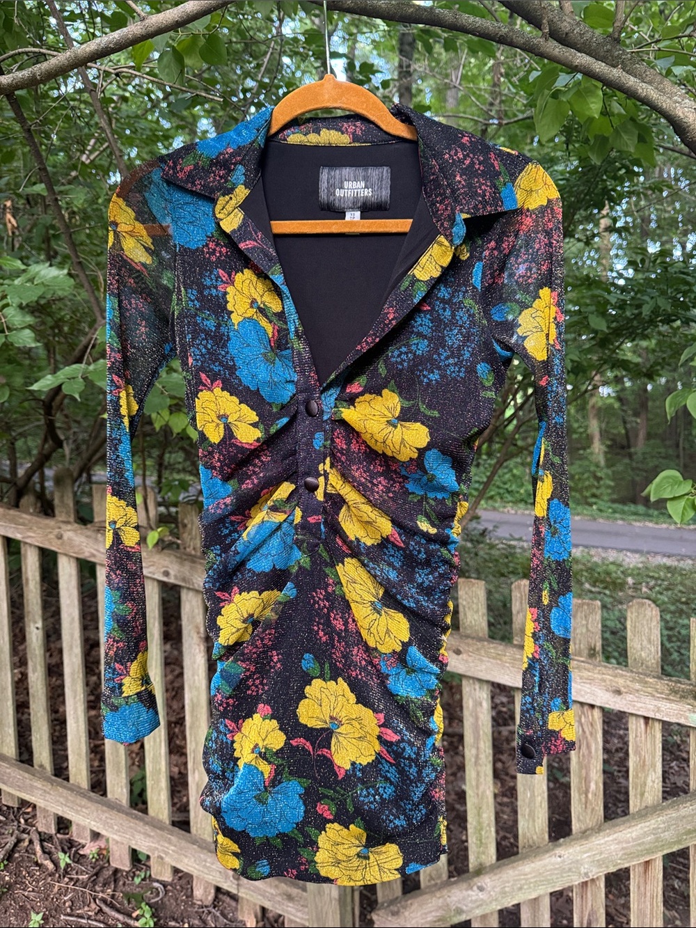 Urban Outfitters Black Button-Front Shirt with Yellow & Blue Floral Print
